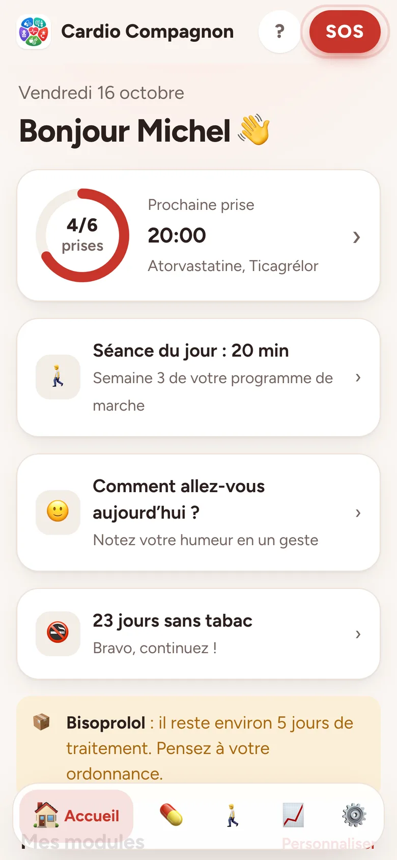 Écran d’accueil de Cardio Compagnon : prises du jour, séance de marche et jours sans tabac